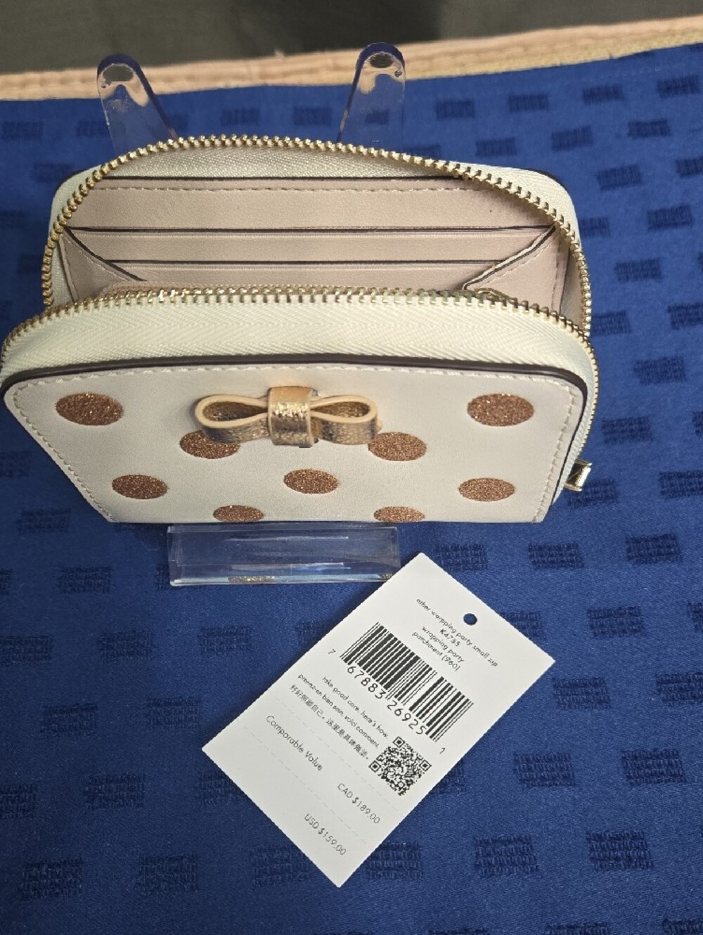 kate spade Cream Zip-Around Wallet with Gold Glitter Polka Dots and Bow Accent - Picture 6 of 9